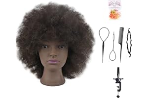DAVINONA Cabeza de maniquín con pelo afro, pelo 100% humano, para aprendizaje de cosmetología y peluquería, cabeza de muñeca, abrazadera incluida (25,4 cm)