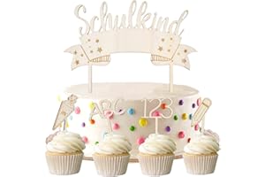 HOECMRHP Tortendeko zur Einschulung aus Holz, 5-teilig Kuchendekoration Kuchen Topper, Cupcake Toppers für Einschulungskuchen, Einschulungsfeier Tortendeko für Schulanfang Party Deko