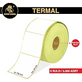 King Label 100x100mm Termal Barkod Etiketi 6 Rulo 500'l&uuml; Sarım Toplam 3000 Etiket