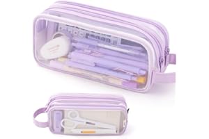 DEYAAH Large Clear Mesh Pencil Case Pouch, 2 Compartment Pen Bag Multifunction Pencil Pouch Transparent Makeup Bag for Teen Student College Business Travel Office Adult (Purple)