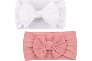 LECTNORE 2 Pezzi Fasce per Capelli per Neonata, Fasce per Neonata in Nylon Fascia per Capelli con Fiocco per Neonato Fascia per Turbante per Neonato Copricapo con Fiocco Morbido Elastico (Rosa e Bianco)