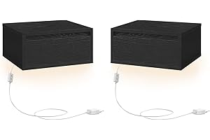 VASAGLE KAILYN Collezione - Comodino Pensile, Set di 2 Comodini Sospesi, Luce Regolabile, Cassetto, Mensola da Parete, 35 x 40 x 18 cm, Moderno, Camera da Letto Soggiorno, Nero Ebano LET854B01