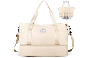 WEPLAN Sports Gym Bag Duffel Bag for Women, Sports Travel Bag, Weekender Overnight Bag with Wet Pocket and Shoes Compartment, Gym Tote Bag for Men Women, Water Resistant Holdall Hospital Bag,Beige