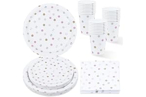 ZVK Vajilla de fiesta, Juego de Platos, Servilletas, Vasos 72 piezas Juegos de vajilla Lunares para fiestas de papel Juegos de cubiertos desechables para cumpleaños, bodas, aniversario, partido