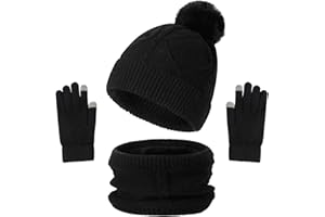 Enwokran 3-in-1 Winter Beanie Hat Scarf Gloves Set, Thermal Elastic Thicken Warm Brushed Inner Lining Knit Pom Bobble Cap Neck Warmer Touchscreen Gloves for Winter Cold Weather