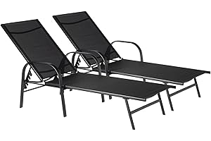 Harbour Housewares 2x Black 194.5cm Garden Sun Loungers Bed - Adjustable Reclining Outdoor Patio Sunbed Furniture - Sussex Range