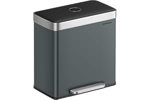 SONGMICS Poubelle Tri Sélectif 2 Bacs, 2 x 30L, Poubelle Double Cuisine en Acier Inoxydable,15 Sacs, Seaux en Plastique, Couvercles à Fermeture Lente, 58,2 x 36,5 x 60,5 cm, Gris Verdâtre LTB202G01