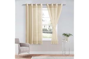 DWCN Lot de 2 Rideaux Voilages à Oeillets pour Fenêtre, Rideau Transparents avec Embrasses pour Salon Chambre d'enfant, Beige, 140x137cm (Largeur x Hauteur)