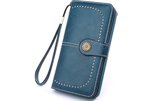 MEEGIRL Leather Purses for Women with Multi Card Slots and Wrist Strap (Blue)