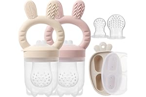 ILEYLUY 3 Packs Silicone Baby Fruit Feeder with Freezer Nibble Tray Combo, Baby Fresh & Frozen Food Feeder Popsicle Molds Includes Extra Food Pouches (Beige+Light Pink)