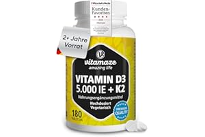 ‎VITAMAZE - AMAZING LIFE Vitamin D3 K2 5000 IE mit Vitamin K2 MK7 All Trans Form, 2+ Jahre Vorrat, 180 Tabletten Vitamin D ohne unnötige Zusatzstoffe, in Deutschland hergestellt