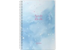 Q Kalon - Agenda Escolar 2025 2026 - Día Página, Tamaño A5 (15x21 cm), Español e Inglés, Septiembre a Junio, Cierre de Espiral, Tapa Flexible con Plástico Protector - Sky