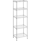 SONGMICS Bathroom Shelf, Chrome, 5 Levels, Height Adjustable, Steel | Storage Shelf, 4 Hooks, Plastic Table, Bathroom Cabinet
