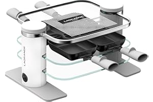 LAGRANGE Appareil à raclette 4 personnes, 500 W, Plateaux verre, plateau supérieur démontable pour nettoyage simplifié, Repose poêlons intégré, Design épuré, Bouton marche/arrêt, 079401