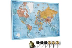 CANVASCALE Hochwertige Canvas Weltkarte mit Kork-Pinnwand - Englische Beschriftung - Dekorative Wanddeko für alle Zimmer - Leinwandbilder mit Weltkarte Motiv (90x60 cm, Muster 10)