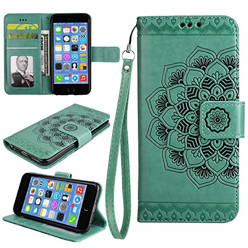 FÃ¼r iPhone 6 Plus/6S Plus 5.5Zoll Flip PU Leder Brieftasche, Herzzer Klassisch Jahrgang [Mandala Blume Muster] Tasche Handy Case Schutz HÃ¼llen im Bookstyle HandyhÃ¼lle Ledertasche mit Stand Funktion KartenfÃ¤cher Magnetverschluss Magnet Etui Schale SchutzhÃ¼llen Handytasche FÃ¼r iPhone 6 Plus/6S Plus 5.5Zoll + 1 x Free Handy Halter Stand + 1 x Free Touch Pen Stylus Stift - GrÃ¼n