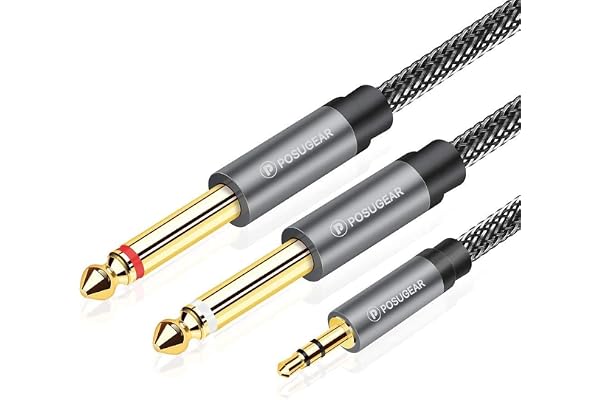 POSUGEAR 2 m 3,5 mm till 6,3 mm mono ljudsplitter, nylonflätad guldpläterad kabel för mixer, ljudinspelare, gitarr, förstärka