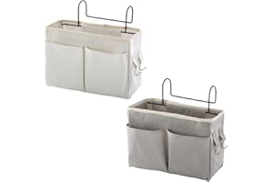 Disnace Torba na łóżko, organizer na łóżko, wisząca, torba do przechowywania, składana lniana tkanina, organizer na książki, zabawki, do sypialni, łazienki, 2 szt. (biały + szary)