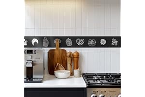 Funlife Cenefa de papel pintado autoadhesiva, de PVC, para cocina, baño, azulejos, cenefa de pared, cinta adhesiva para decoración de habitaciones, impermeable, letras y diseños, 10 x 200 cm, negro
