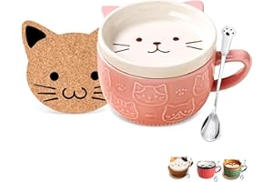BIGNOSEDEER Gifts for Women Her Cute Kawaii Pink Cat Coffee Mugs with Lids,Christmas Birthday Presents for Girls Friend Kids Men Wife Mum Grandma Teacher,Novelty Animal Coffee Ceramic Tea Cup Dessert Saucer Set
