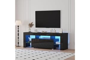 QIHANG-UK TV Cabinet, TV Unit Stand with LED Lights, Modern High Gloss TV Table Stand, Living Room Entertainment Center with 1 Drawer for 32"-65 inch, 130cm Media Center with Storage (Black)