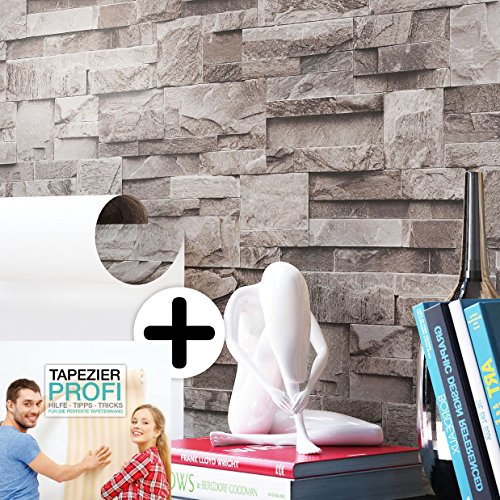Steintapete Vliestapete Grau , schöne edle Tapete im Steinmauer Design , moderne 3D Optik für Wohnzimmer, Schlafzimmer oder Küche inklusive der Newroom Tapezier Profibroschüre mit Tipps für perfekte Wände