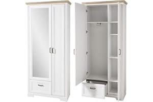 ‎LOMADOX Lomadox Landhaus Garderobenschrank mit Spiegel in Pinie weiß mit Artisan Eiche