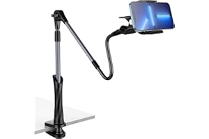 Lucrave Uchwyt na telefon z łabędzią szyją na łóżko, dwie aluminiowe rurki z elastycznym klipsem na ramię do biurka, uchwyt na telefon na głowę, kompatybilny ze wszystkimi smartfonami (10-18 cm), długość 102 cm (szary)