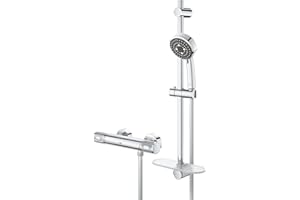 GROHE QuickFix Precision Feel, Set ducha termostática (con barra ducha, bandeja y soportes, teleducha y flexo), botón de control ecológico, instalación con QuickSpanner incluída, cromado, 34791000