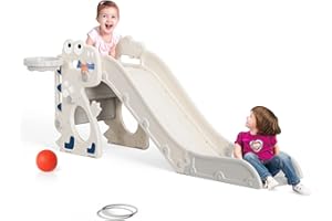 CUPCHID Kinderrutsche,3-in-1-Klapprutsche,mit Basketballkorb,Basketball, Ringwurfspiel,für 18-36 Monate,extra Lange Rutsche H650 x B330 x T1520 mm (beige-grau)
