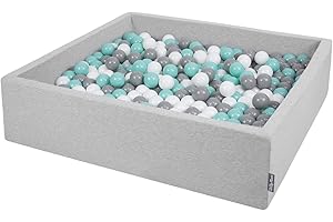 KiddyMoon Piscina De Bolas 120X30cm/300 Bolas El Cuadrado Grande para Ninos,Hecha En La UE, Gris Claro: Blanco/Gris/Turquesa Claro