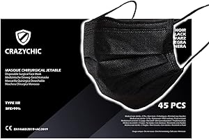 CRAZYCHIC - x45 CZARNA maska chirurgiczna medyczna typu IIR - certyfikat CE Standard EN14683 - 3-warstwowa maska jednorazowa ochrona dróg oddechowych - wysoka filtracja EFB > 99% - zestaw 45 sztuk