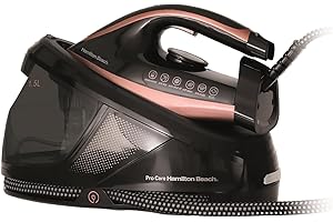 Hamilton Beach Steam Generator Iron, Pro Care, 3100W, 3 Bar Pressure, Vertical Steam, Non-Stick Soleplate, Anti-Scale Technology, Variable Temperature Control, Auto Shut Off - HB268SGBG, Black/Bronze