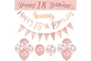 DEARLIVES 14 Pcs 18th Happy Birthday Decor,Rose Gold 18Th BIrthday Party Supplies Including Happy 18TH BIRthday Banners BIRThday Straps Triangle Flag Bunting Confetti Latex Balloons