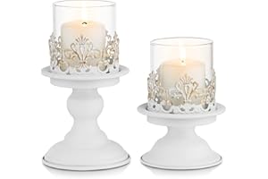 Sziqiqi Biały świecznik na świecę filarową - postarzany świecznik metalowy huragan świeczniki na urodziny, Wielkanoc, ślub, zaręczyny, baby shower, Boże Narodzenie, dekoracja stołu