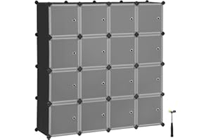 SONGMICS 16-Cube Storage Unit, Shoe Rack, Stackable Cubes, Plastic Closet Cabinet, Wardrobe, with Doors, for Bedroom, Office, Easy to Assemble, Black and White LPC44HS