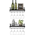 Mkono Wall Mounted Wine Rack Set of 2 Wood Shelf Rustic Bottle Glass Floating Shelves Stemware Hanger Modern Plants Photos Display Storage Holder Kitchen Dining Room Bar, Black, 16.92x5.9x0.7 inches