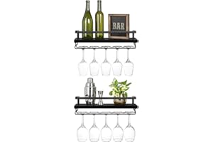 Mkono Juego de 2 estantes de Madera para Botellas de Vino, estantes flotantes de Vidrio rústicos, con Colgador de Vasos, Soporte de Almacenamiento de Vino para Cocina, Comedor, Bar, Negro