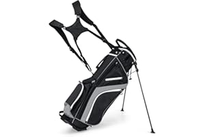 GYMAX Golf Stand Bag, 14 Way Golf Bag with 6 Pockets, Dual Shoulder Strap and Rain Hood, Lightweight Portable Golf Clubs Bag for Men Women
