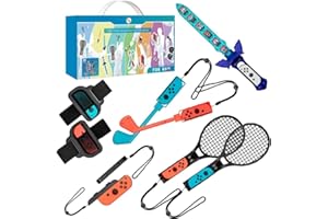 Aukuoy 2022 Switch-Zubehörpaket kompatibel mit Nintendo Switch/Switch OLED, Zubehör-Kit für Nintendo Switch Sports mit Beinschlaufen, Tennisschlägern, Glof-Keulen, Schwert, Handschlaufen