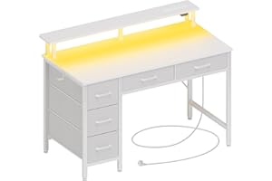 Seventable Computer Desk with Sockets and LED Lighting, 100 cm Gaming Desk with 5 Drawers, Gaming Table with Monitor Stand for Office, Study, Bedroom, Living Room, White