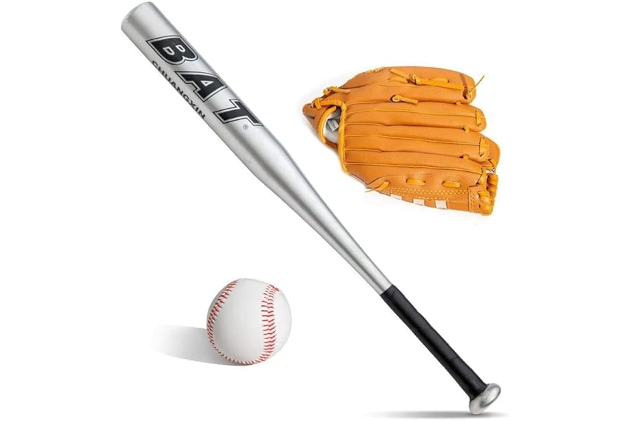 D.I.L ™ Baseball Bat+Baseball+Glove set 25" 28" 30" 32" 34" Aluminium Glove Lightweight Full Size Youth (SILVER, 25"bat+gloves+ball)