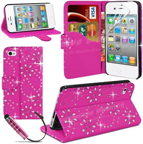 Mobile Junction ® Diamond Wallet Apple iPhone 4 iPhone 4S Bling Glitter Leather Wallet Stand Case Cover Side Flip Phone Pouch with Card Holder Incl. Free Screen Protector &amp; Stylus Pen (Hot Pink)