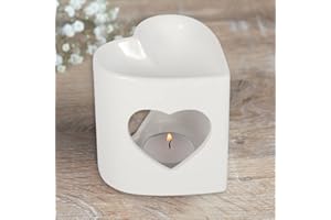 IZEERA White Heart Cutout Oil Burner – Small, Essential Wax Oil Warmer with Tealight Candle Holder, Home Decor Aroma Gift Lamp, for Women Men