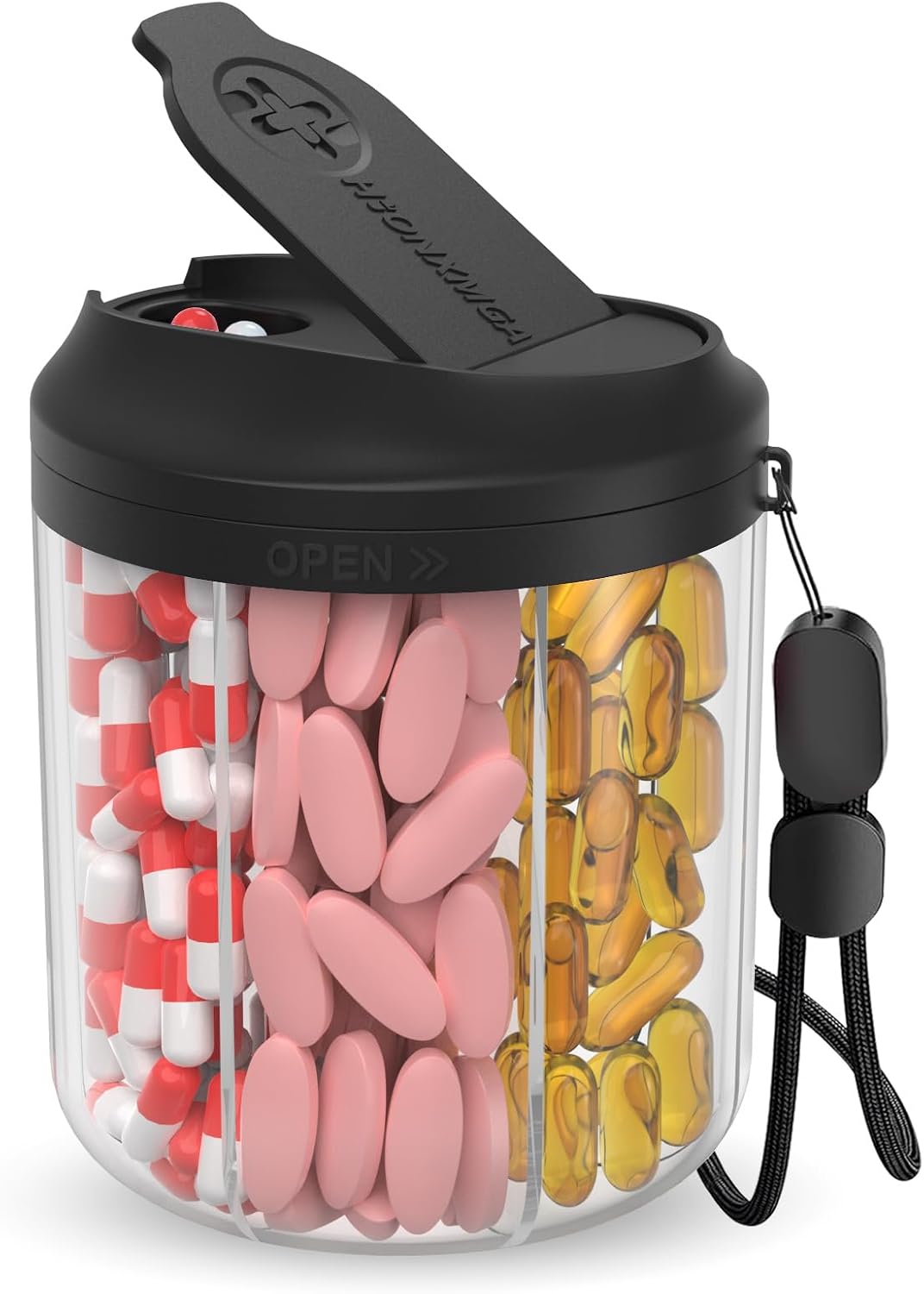 Organizador de pastillas con 7 compartimentos grandes, dispensador de pastillas para viajes, organizador de suplementos con diseño antimezclas, pastillero sin BPA con 20 etiquetas, negro