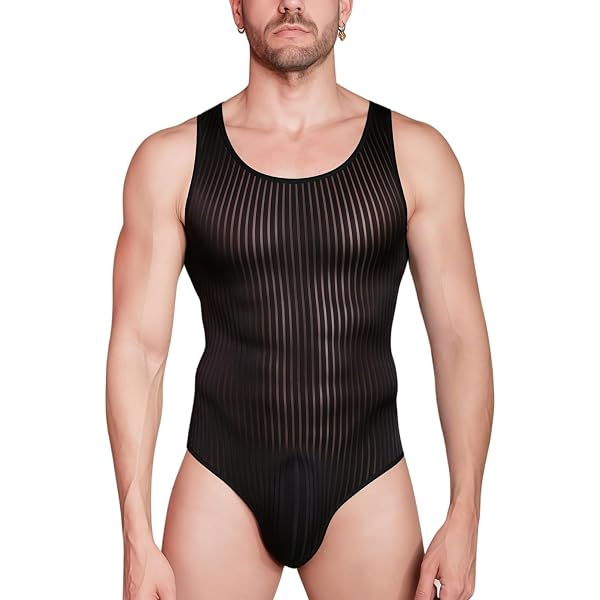 Hybursky Sheer Bodysuit for Men Mesh Sleeveless Leotard Top One