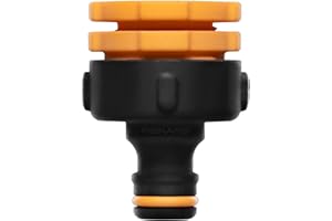 Fiskars Hahnverbinder Multi, Innengewinde für verschiedene Wasserhahngrößen, Für drei Gewindegrößen Ø 21 mm (1/2"), Ø 26,5 mm (3/4") und Ø 33,3 mm (1"), 17 g, Schwarz/Orange, 1027051