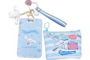 QWEPU Porte-Cartes Lanière Cinnamoroll + Sac cinnamoroll, Ensembles Lanière avec Porte Cartes, Porte Badge Cordon Tour de Cou, pour L'école, Carte de Bus, Le Bureau