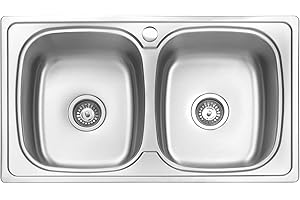 JASSFERRY Stainless Steel Kitchen Sink 2 Double Bowl Welding Style Design with Strainer Waste, 860 X 500 mm