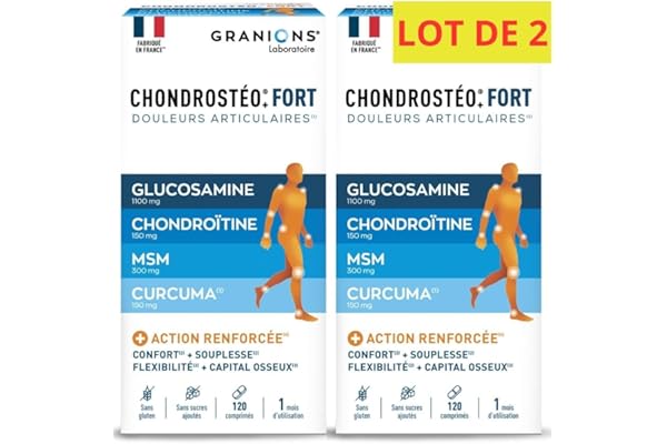 GRANIONS CHONDROSTEO+ FORT Articulations - Formule Renforcée - Curcuma - Mobilité & Souplesse Articulaire, Flexibilité, Capital Osseux - Glucosamine, Chondroïtine, MSM, Curcuma - 120 comprimés